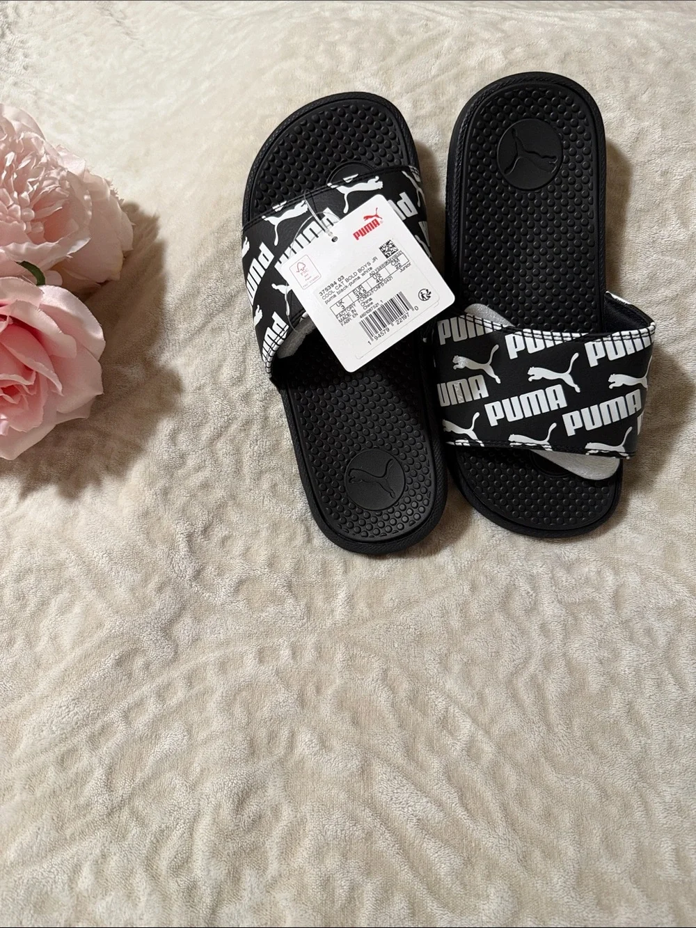 Puma Black and White Logo Slide Sandals